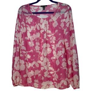 Chaps Womens Pink White Floral Chiffon Blouse‎ Long Sleeve Pleated Top Large